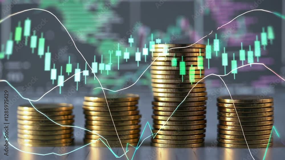 Poster golden coins stacking progressively highlight dynamic financial market fluctuations, visualizing inv