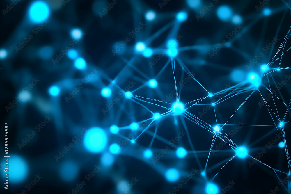 Poster a vibrant, abstract representation of interconnected blue nodes and lines against a dark background,
