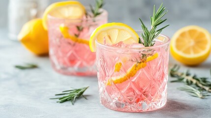 Fototapeta premium Refreshing Pink Lemonade Cocktail with Rosemary Garnish Ice Cubes and Lemon Slices