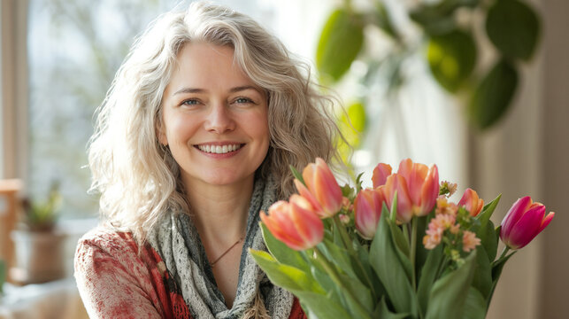 Happy mature woman holding a bouquet of fresh tulips indoors