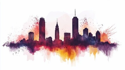 Obraz premium Watercolor Skyline Silhouette: A Vibrant Urban Landscape Depiction