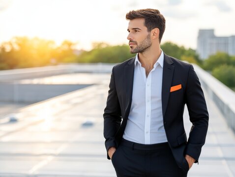 Confident businessman in formal suit standing on rooftop at golden hour looking at urban skyline symbolizing corporate success ambition leadership and professional aspirations