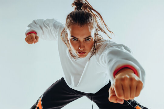 Strong woman in action pose with fists raised in determination
