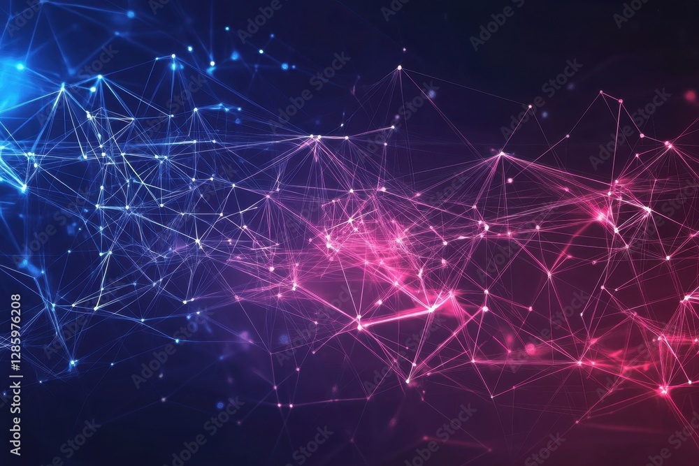 Poster exploring the dynamic interplay of colorful lights through an abstract network of connections and po
