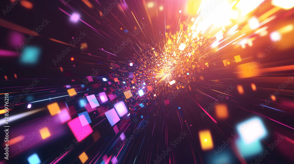 Poster a vibrant explosion of colorful geometric shapes and light, creating a dynamic sense of movement and