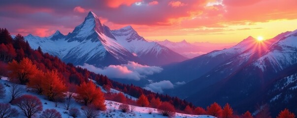 Crimson sunrise over snow-dusted Swiss peaks, autumn hues below , crisp, red, scenery