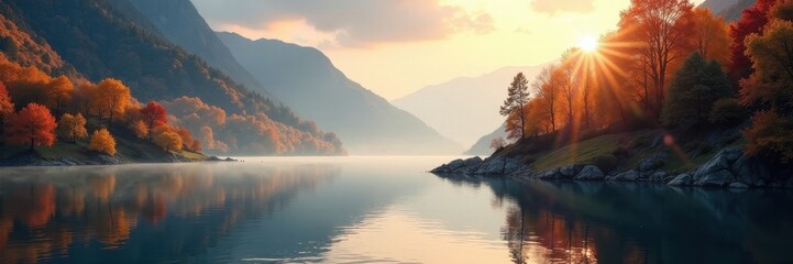 Fototapeta premium Crisp morning light illuminates fiery autumn foliage bordering Hintersee's tranquil waters , alpine, light