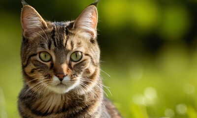 Portrait of a Cute Tabby Cat with Striking Green Eyes in Nature