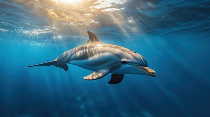 Underwater dolphin swimming, sunbeams, ocean depths