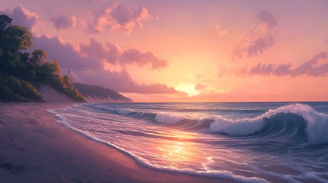 A quiet beach at sunset, the sky pnted in soft pastels as the waves gently kiss the shore.