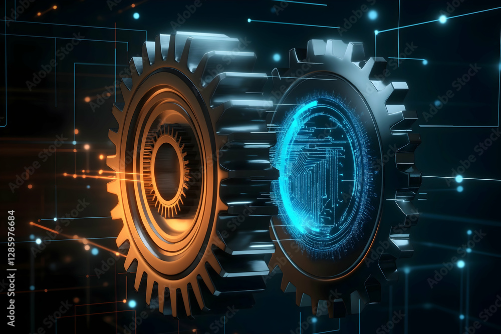 Poster a dynamic image of interlocking gears, one metallic and one digital, symbolizing the fusion of tradi