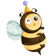 Cute little bee cartoon on birthday theme, hand drawn watercolor