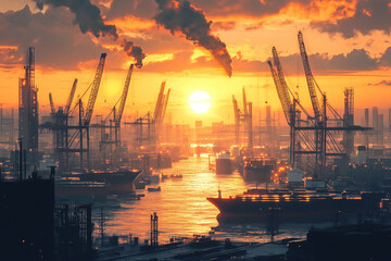 Obraz premium Gigantic cargo shipyard at sunset, massive cranes lifting containers, industrial realism