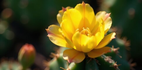 Delicate, luminous yellow cactus flower opens wide, showcasing intricate details , botanical, wildlife photography, wildlife