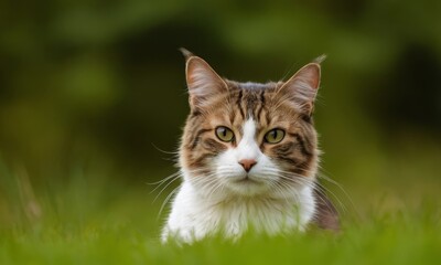 Majestic Maine Coon Cat Peeking Through Lush Green Grass Outdoors