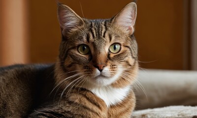 Portrait of a Charming Tabby Cat with Striking Green Eyes and a Serene Expression