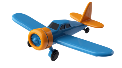 Toy airplane in vibrant blue and orange design on a white background with playful details and construction