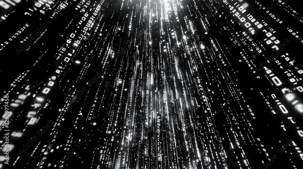 Poster bright streams of binary digits cascade downward in a dark setting, creating a dynamic digital atmos