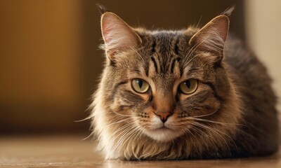 Captivating close-up of a majestic brown tabby cat with green eyes
