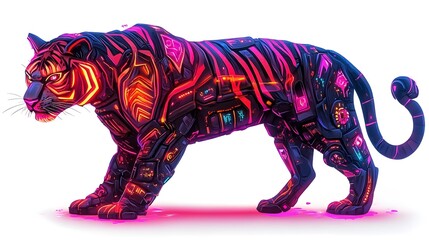 Futuristic Digital Robotic Tiger with Vibrant Neon Glowing Aesthetic