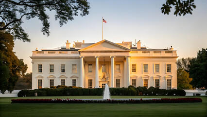 Naklejka premium White House in Golden Light Representing Leadership. Perfect for: Political campaigns, governance reports, national leadership themes