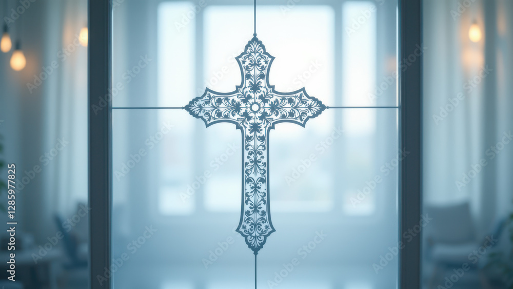 Poster cross window design in a serene setting.