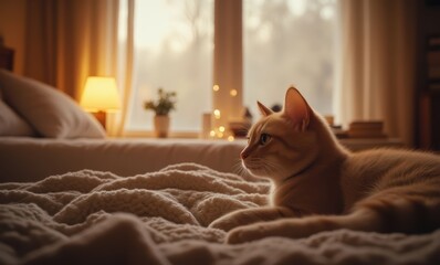 Relaxed orange cat in cozy bedroom