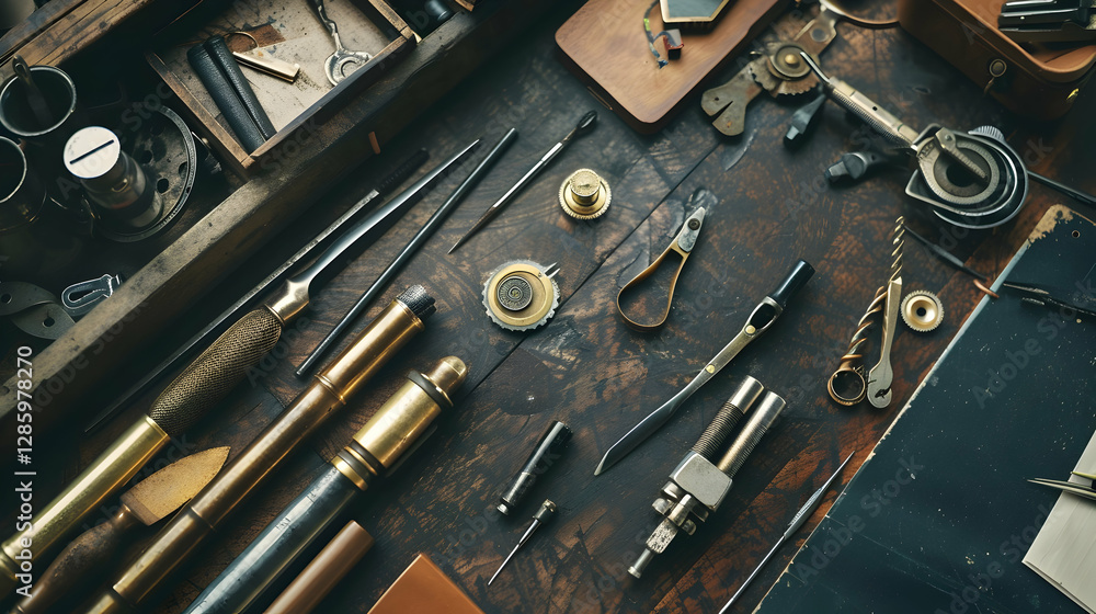 Aufkleber a detailed view of vintage tools and instruments on a wooden workbench in a workshop setting