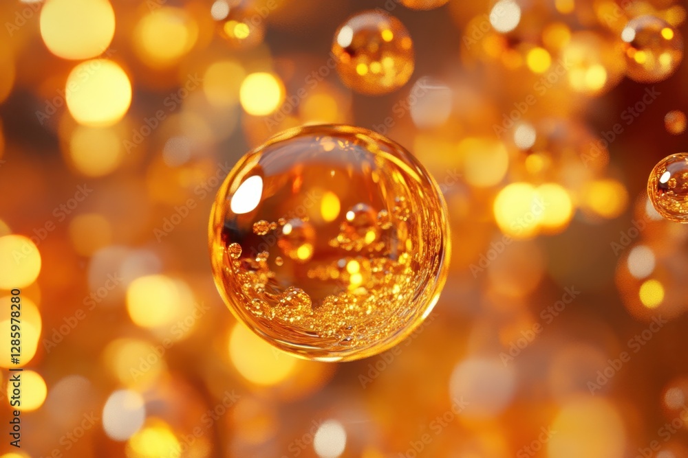 Poster mesmerizing golden bubbles floating gracefully in a dreamlike warm atmosphere filled with shimmering