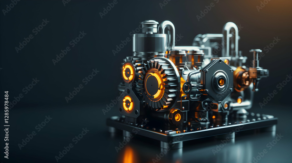 Poster close-up view of a futuristic engine showcasing intricate details and glowing elements, set against 