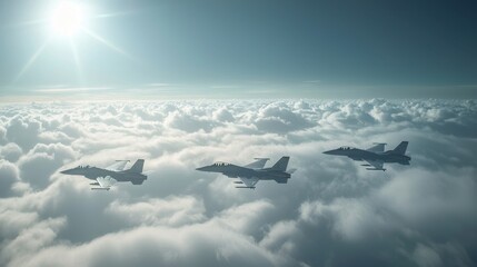 Fototapeta premium Three military jets soar through a clear blue sky amidst soft, white clouds illuminated by sunlight, demonstrating aerial maneuverability and precision