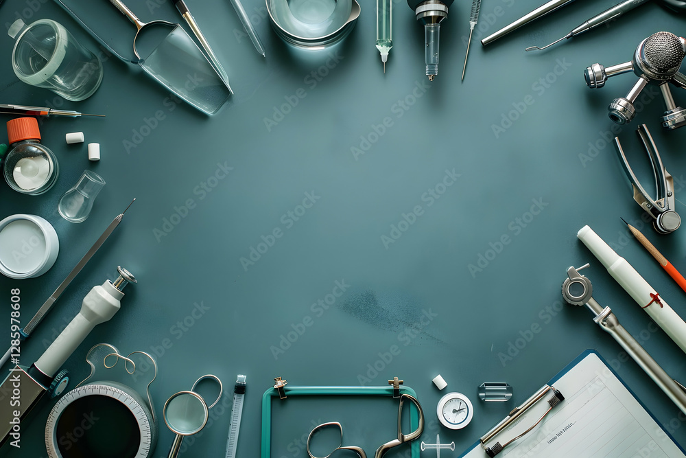 Poster a collection of laboratory instruments arranged on a teal surface, showcasing tools for scientific e