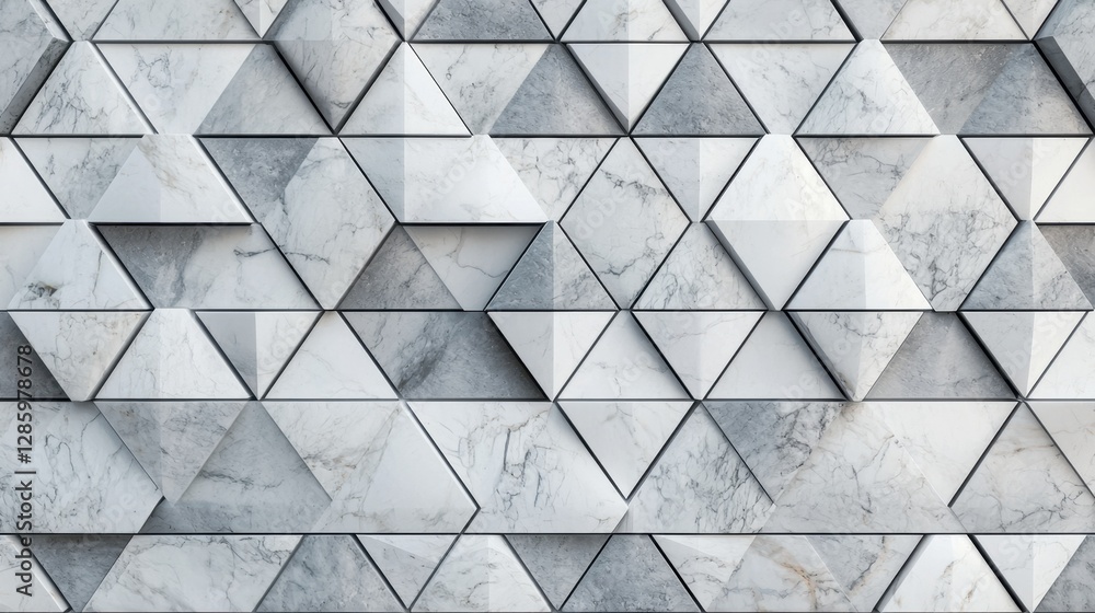 Poster A striking wall features an intricate design of interlocking marble triangles in various shades of gray. The interplay of light and shadow enhances the textures and depth, creating visual interest
