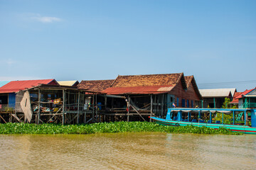 The Floating Village houses on Tonle Sap Lake in Siem Reap, Cambodia.