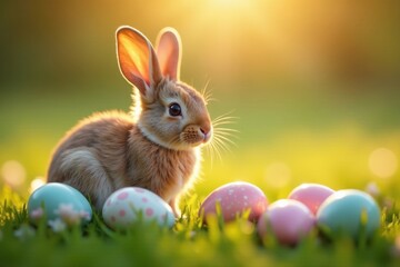 Golden hour light bathes a sweet bunny surrounded by vibrant eggs , wildlife, picture