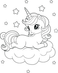 Black and white printable Unicorn coloring pages for kids. Children's coloring books with cute unicorn cartoon characters, fun and educational materials for kindergarten.
