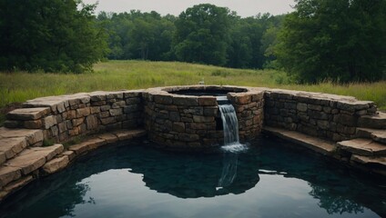 Old well, waterfall in the old forest