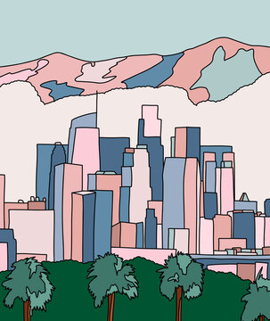 Minimalist City Skyline with Pink Sky
