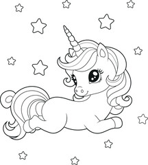 Black and white printable Unicorn coloring pages for kids. Children's coloring books with cute unicorn cartoon characters, fun and educational materials for kindergarten.
