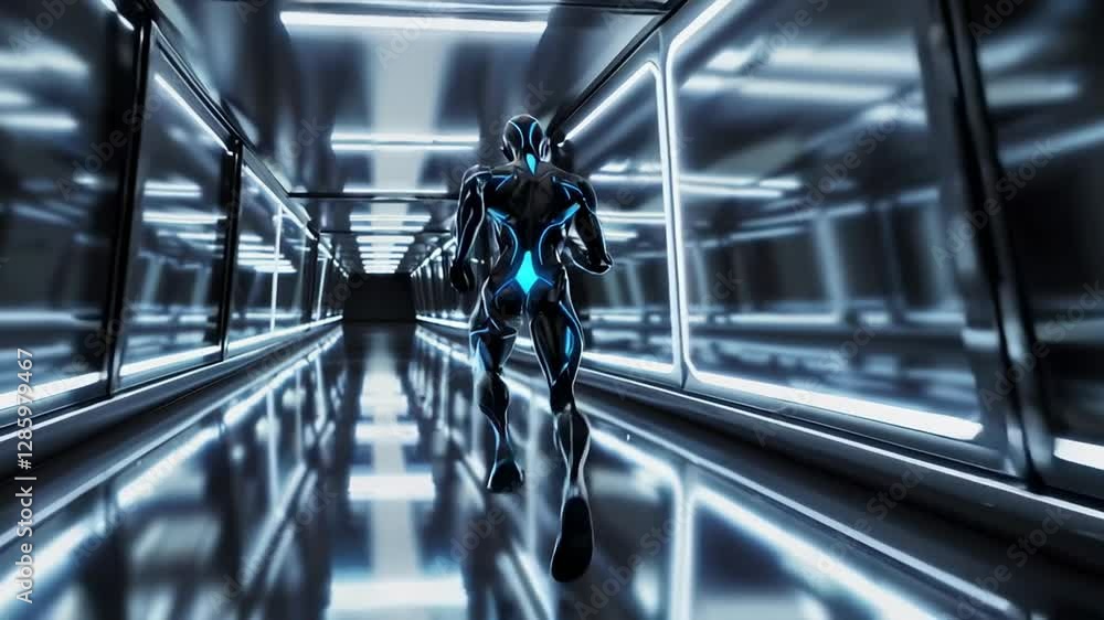 Poster sleek humanoid android sprinting through illuminated futuristic corridor, showcasing advanced techno