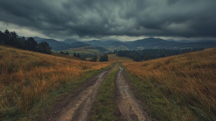 Mountain road under stormy sky. Scenic rural landscape. Potential use Stock photo