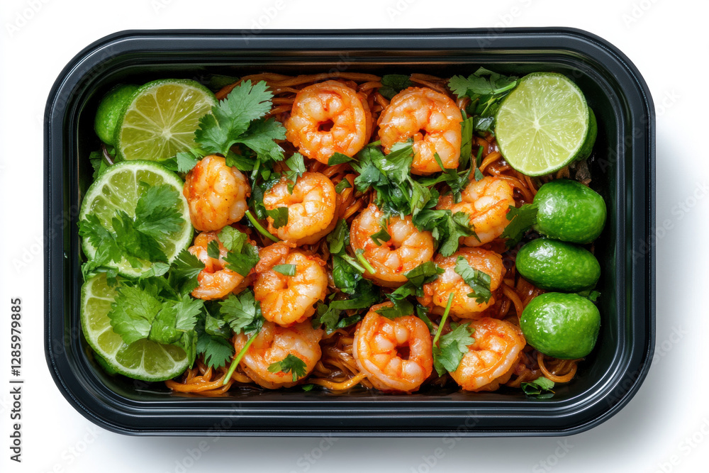 Poster food in black plastic box, a top view image with ample space, showcasing an isolated object in high 