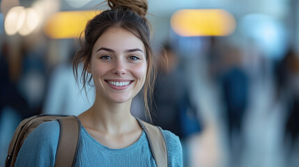Smiling young woman with backpack in busy airport terminal, showcasing joy and excitement of travel
