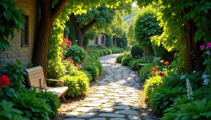 Fototapeta premium Narrow, meandering stone road winds uphill in a sun-drenched garden , villa, luxury