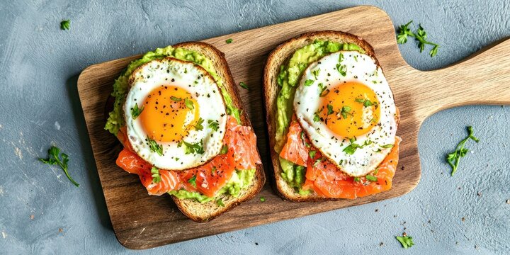 Two slices of bread with an egg and avocado on top