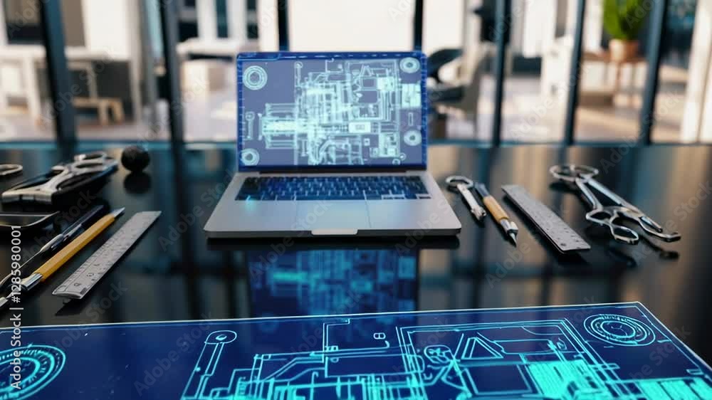 Poster futuristic blueprint slowly materializing on a laptop screen, surrounded by engineering tools on a d