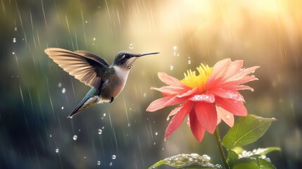 Obraz premium Hummingbird in flight near a rain drenched flower