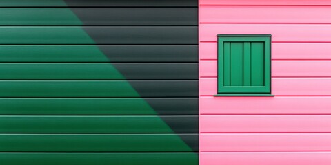 Fototapeta premium A house with a green and pink exterior. The green trim is on the left side of the house and the pink trim is on the right side