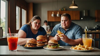 A family of fat people eat fries and hamburgers
