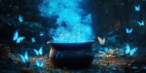 Enchanting blue butterflies and glowing cauldron in mystical forest. Walpurgis Night
